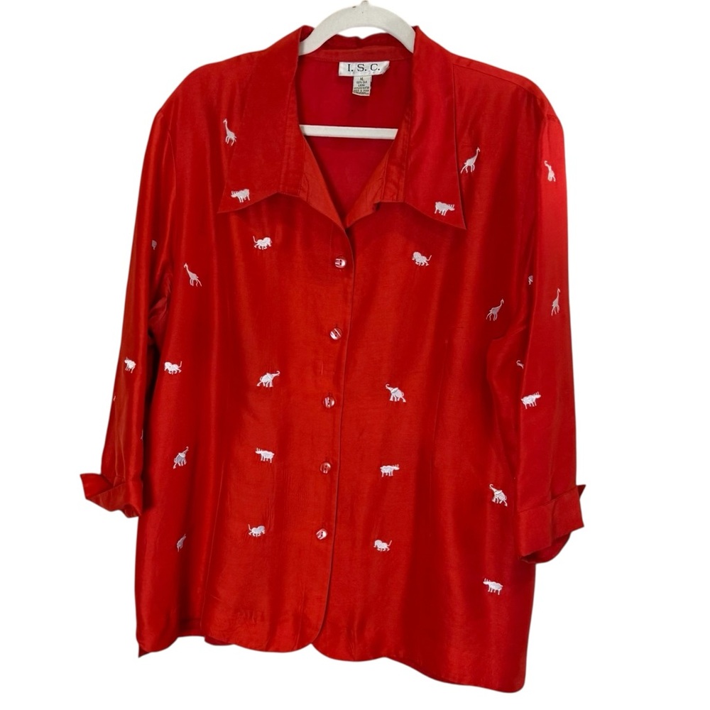 I.S.C. Women’s Lightweight Silk Red Top Embroidered Safari Animals sz L